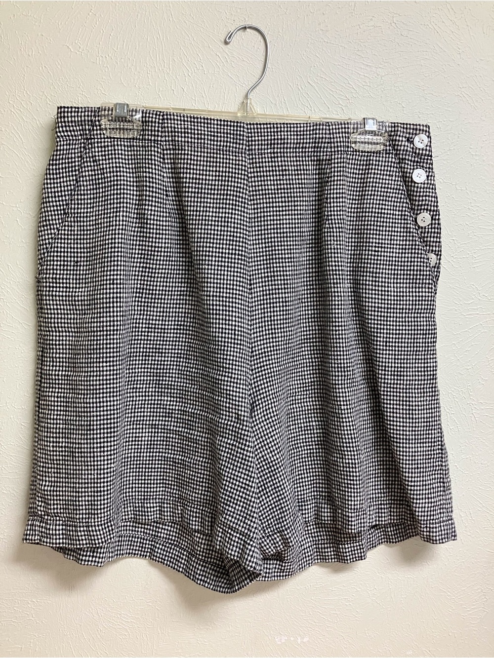 Black & White Gingham Bermuda Shorts with Side Button Trim